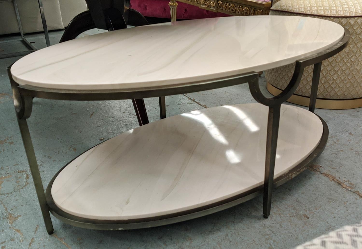 LOW TABLE, 116cm x 65cm x 50cm, two faux marble tiers, metal frame. - Image 3 of 6