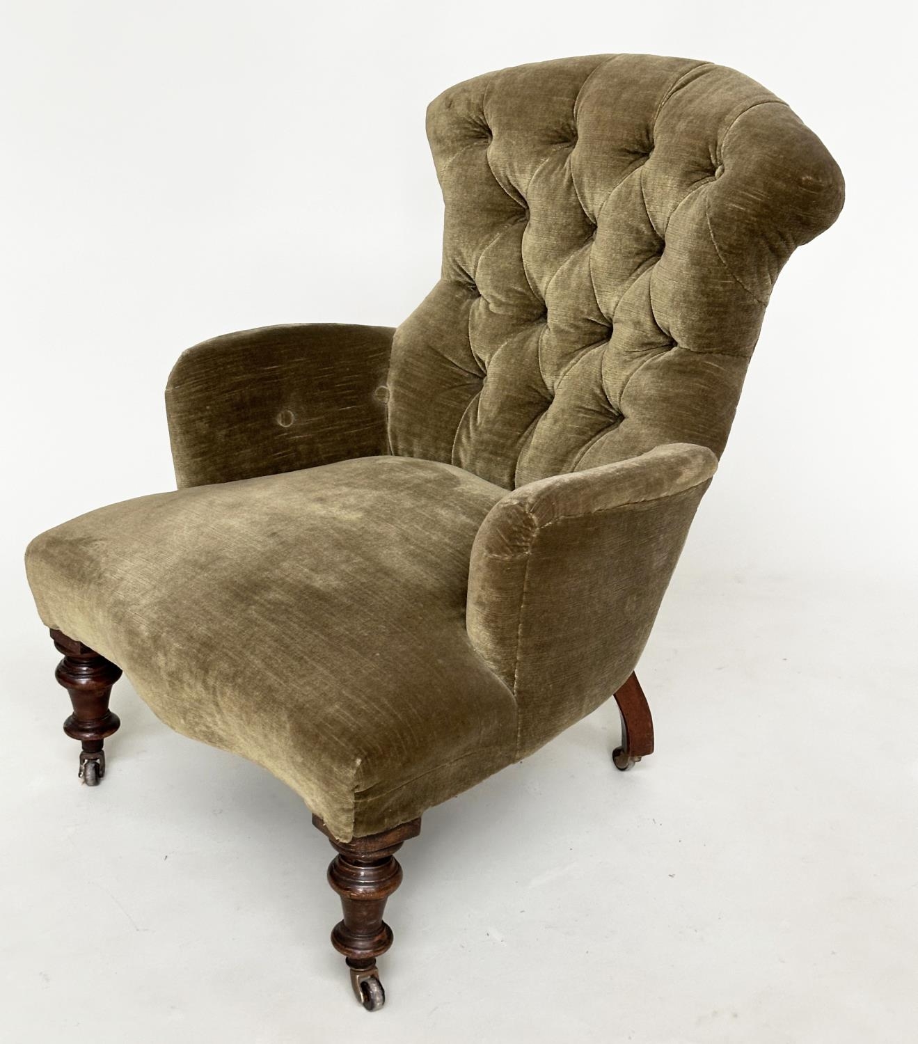 ARMCHAIR, Victorian green velvet upholstered with buttoned back, serpentine front and turned - Image 10 of 12