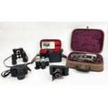 CAMERAS, including a 1930s coronet de luxe red facia, a Pentax Me Super, a Zenit-B cased a Besson of