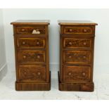 BEDSIDE CHESTS, a pair, Victorian style burr walnut with four drawers, 73cm H x 37cm W x 36cm H. (2)