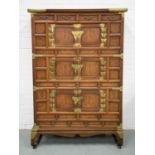 CABINET ON STAND, 19th century Korean burr elm, elm and brass mounted with four drawers above six