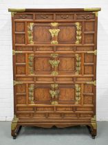 CABINET ON STAND, 19th century Korean burr elm, elm and brass mounted with four drawers above six