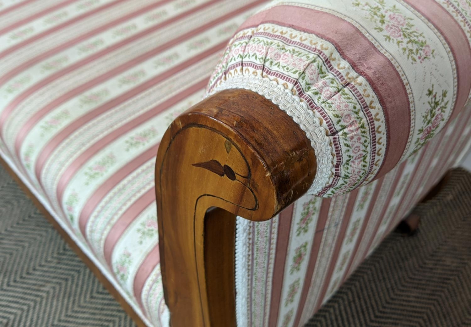 SOFA, Biedermeier cherrywood and line inlaid with pink striped upholstery, 104cm H x 168cm x 68cm. - Image 12 of 24