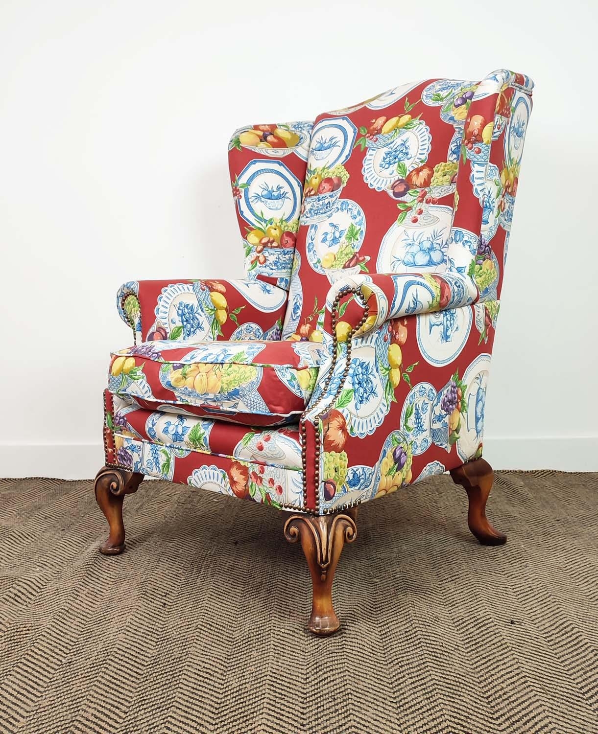 WING ARMCHAIR, Queen Anne style in Jane Churchill fruit bowl patterned fabric, 117cm H x 82cm. - Image 3 of 10