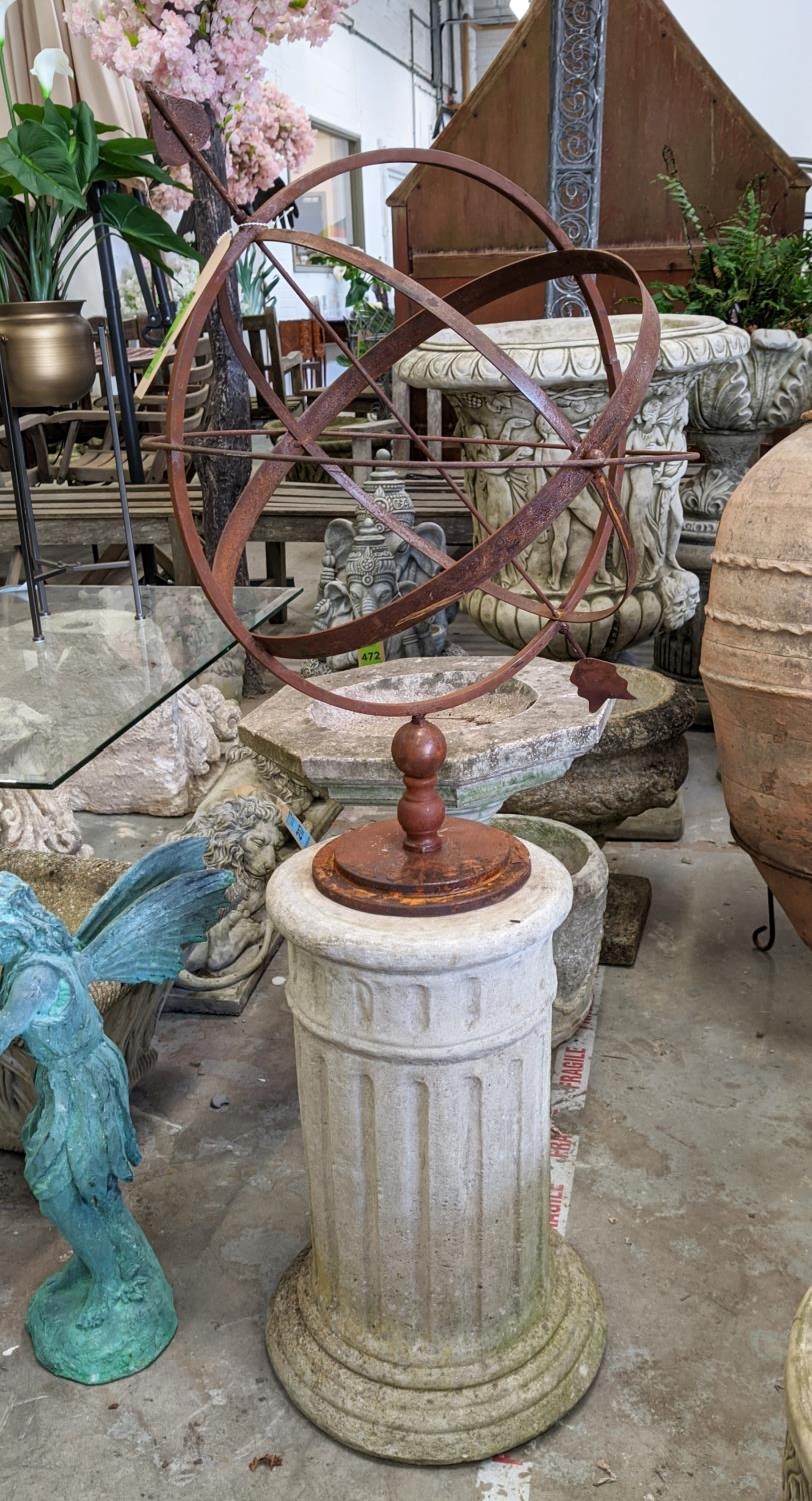 COMPOSITE STONE COLUMN WITH ARMILLARY SPHERE ATOP, 118cm H.