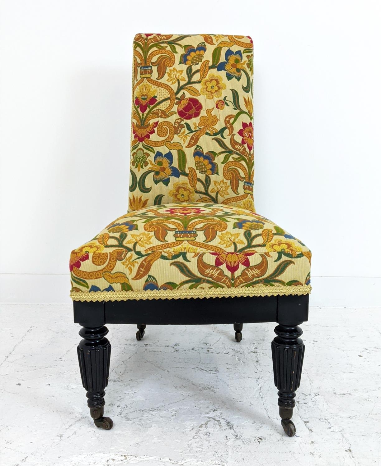 SLIPPER CHAIR, 19th century ebonised with William Morris patterned upholstery, 96cm H x 51cm W. - Image 3 of 18