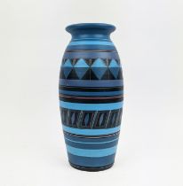 A PORTUGESE STUDIO POTTERY VASE, late 20th Century, hand painted in a geometric design, terracotta