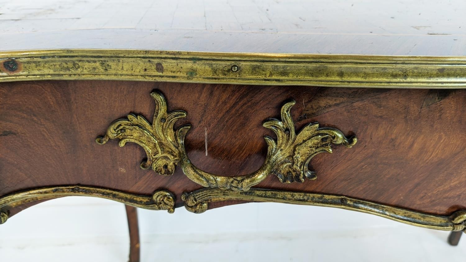 BUREAU PLAT, circa 1880, Louis XV style, French parquetry with ormolu mounts single long drawer - Image 7 of 22