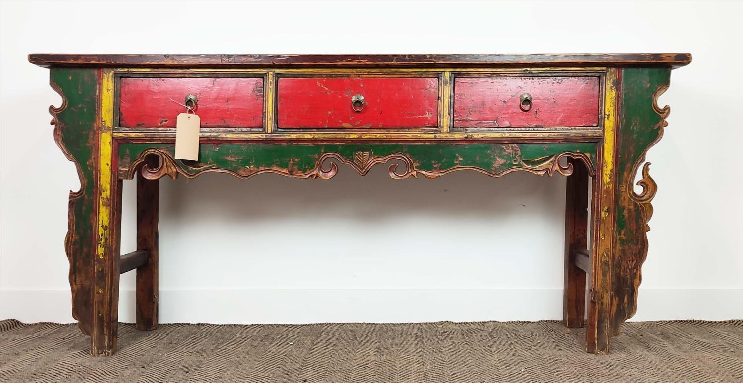 SIDE TABLE, Chinese, red, green and yellow lacquer, fitted with three drawers, 89cm H x 192cm W x - Image 4 of 16