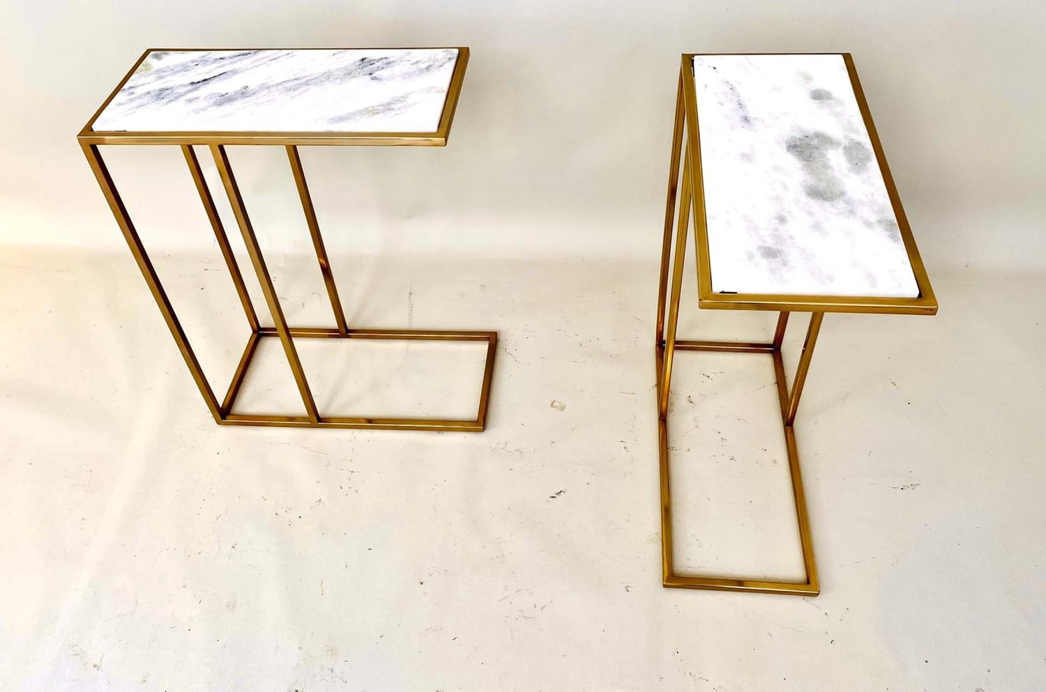 SIDE TABLES, a pair, gilt metal, white marble tops, 60cm x 46cm x 22cm. (2) - Image 2 of 6