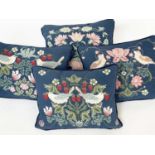 'STRAWBERRY THIEF' PRINT CUSHIONS, a set of four, needlework in William Morris style. (4)