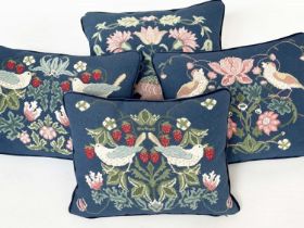 'STRAWBERRY THIEF' PRINT CUSHIONS, a set of four, needlework in William Morris style. (4)