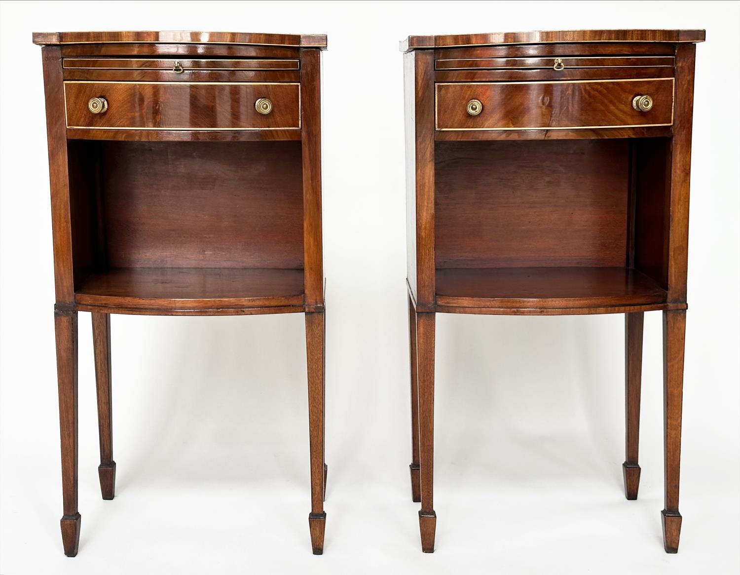 BOWFRONT LAMP TABLES, a pair, George III design figured mahogany and boxwood lined each with - Image 2 of 16