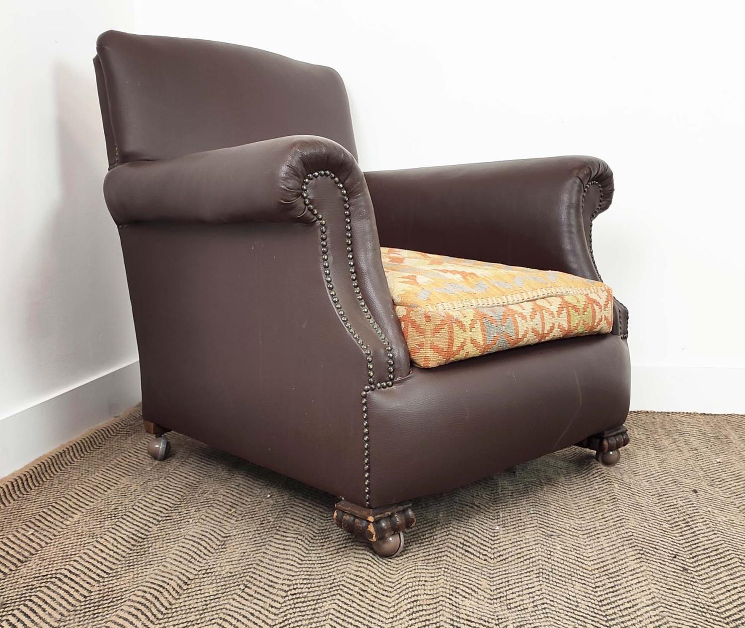 CLUB ARMCHAIR, early 20th century oak in brown leatherette with kilim seat cushion and modern - Image 6 of 14