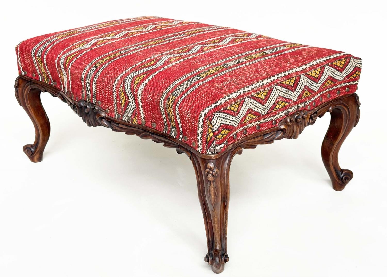 KELIM HEARTH STOOL, Victorian rosewood with Turkoman kelim brass studded upholstery, 77cm W x 50cm D - Image 12 of 14