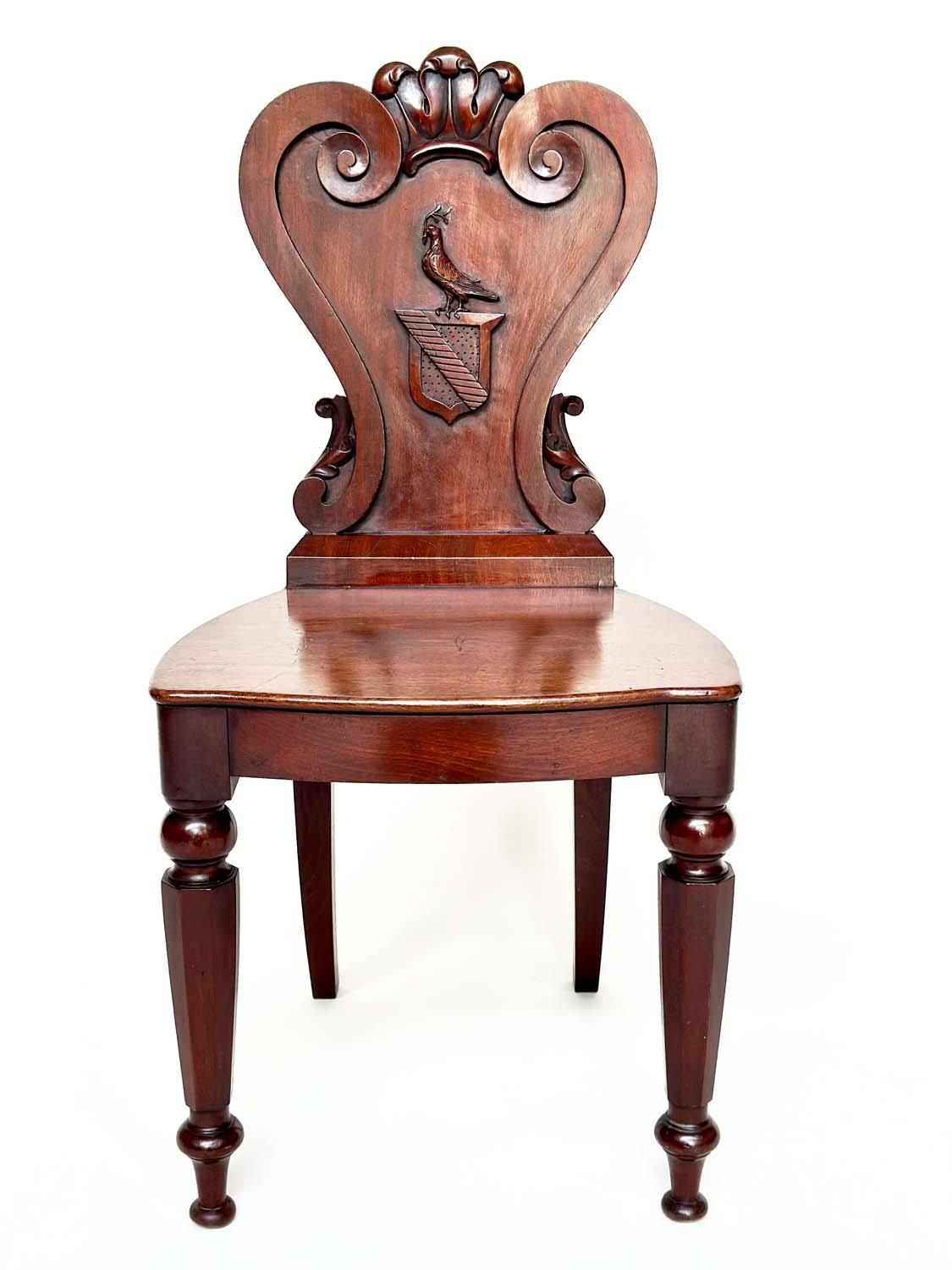 HALL CHAIRS, a pair, George III English Country House mahogany with carved armorial backs and - Image 12 of 14