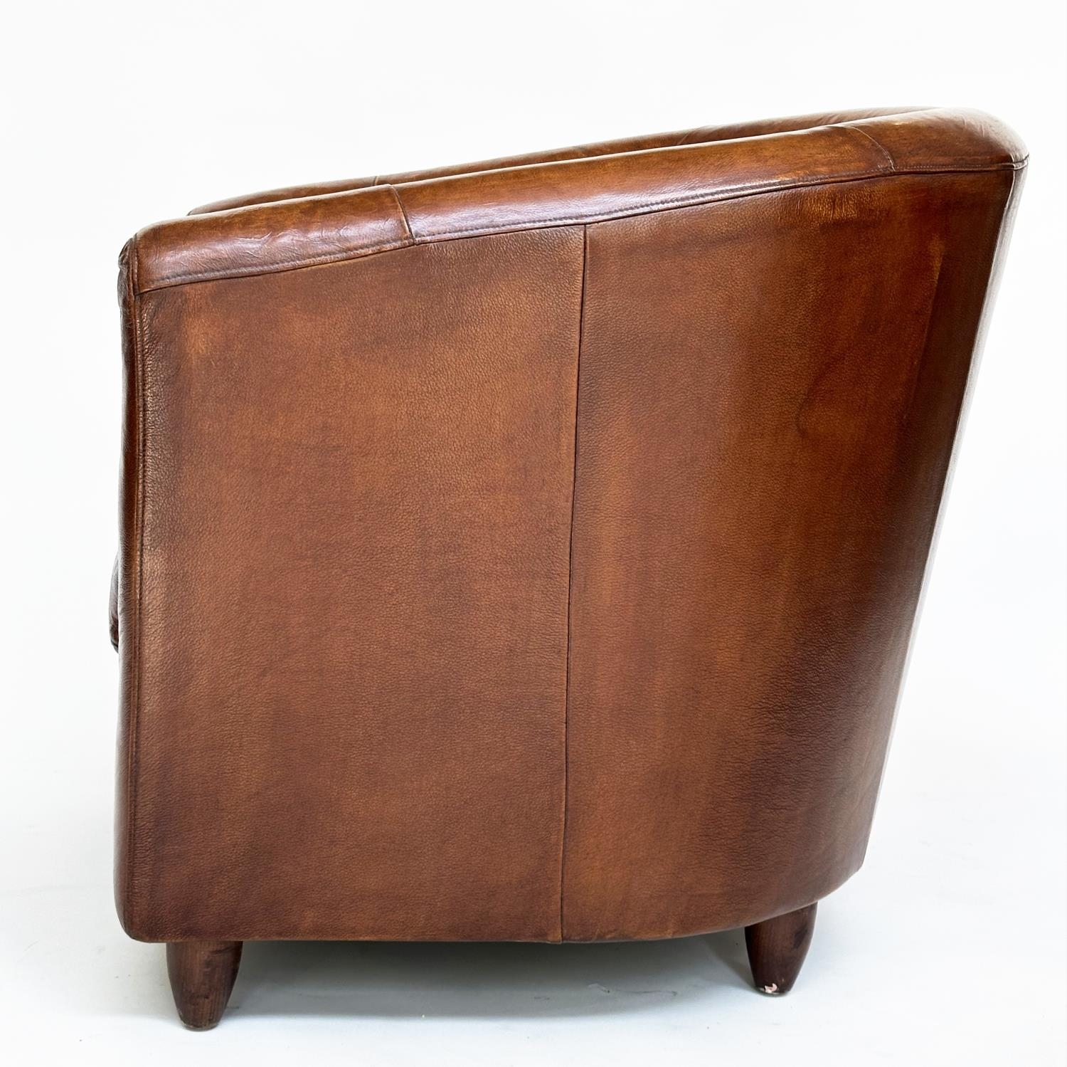TUB ARMCHAIRS, a pair, natural soft mid brown leather upholstered with rounded backs, 78cm W. (2) - Image 12 of 12