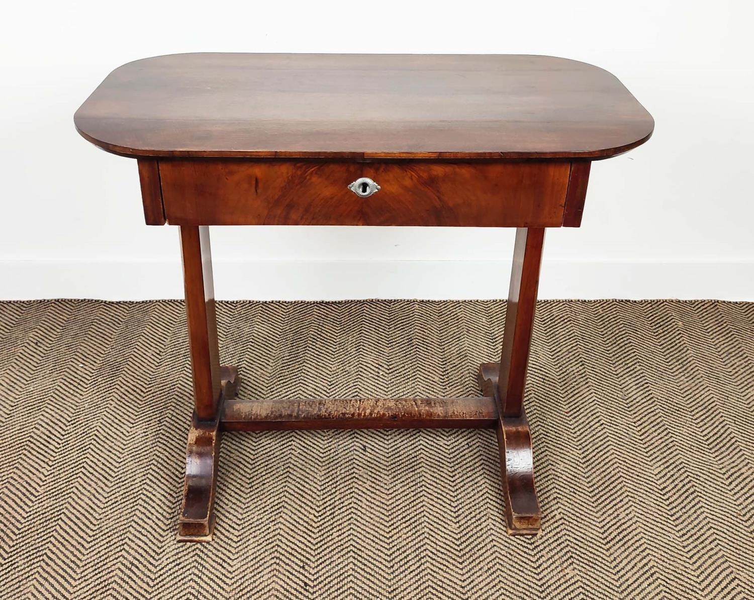 WRITING TABLE, Biedermeier walnut with single drawer, 79cm H x 94cm x 53cm.