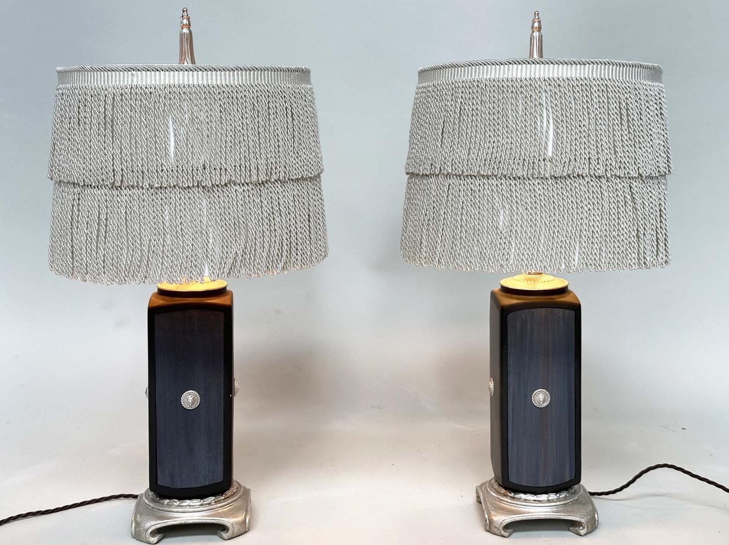 TABLE LAMPS, a pair, Versace style black with silvered lion mask and base detail with 'tassle' - Image 5 of 11