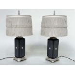 TABLE LAMPS, a pair, Versace style black with silvered lion mask and base detail with 'tassle'