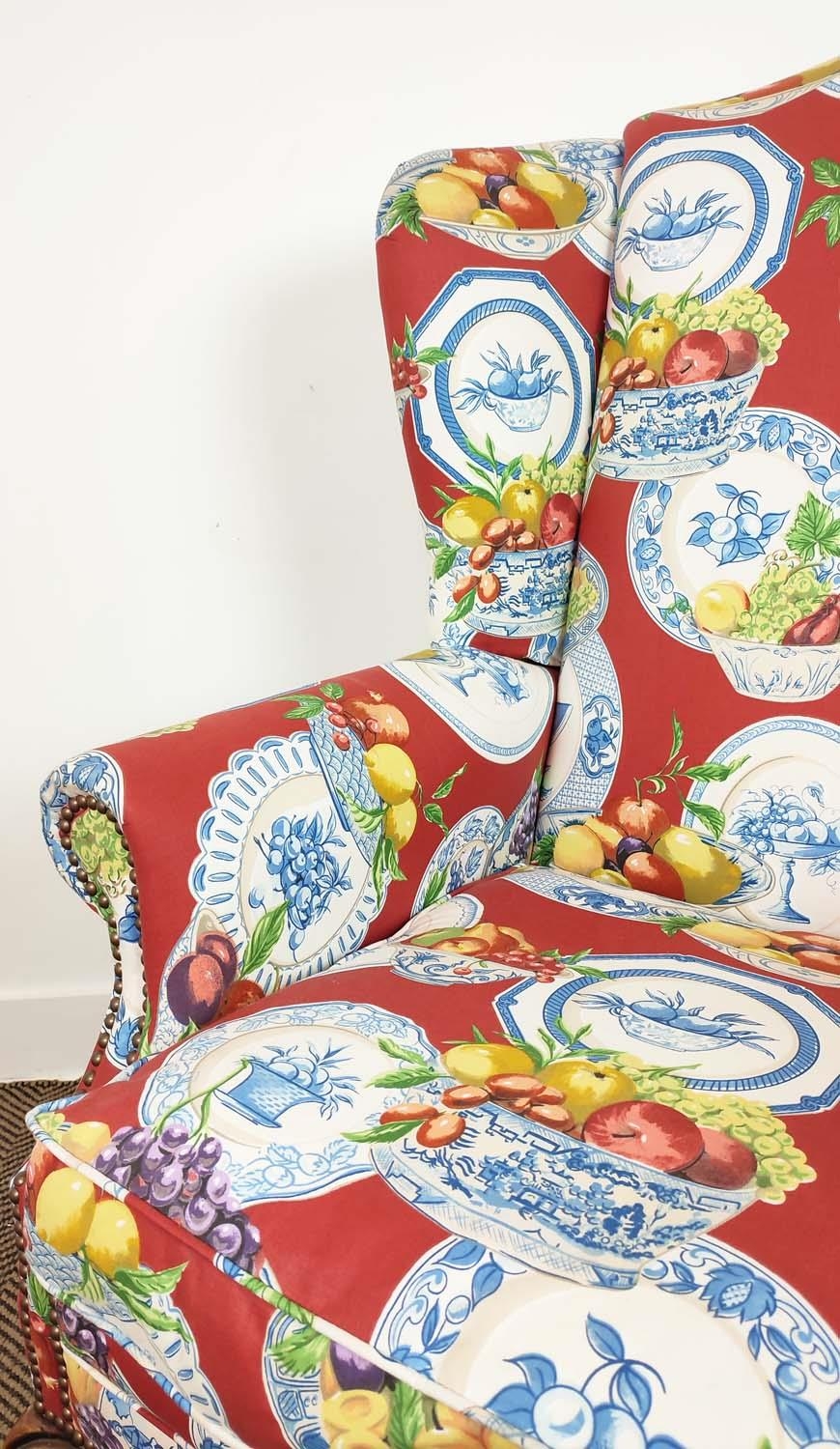 WING ARMCHAIR, Queen Anne style in Jane Churchill fruit bowl patterned fabric, 117cm H x 82cm. - Image 6 of 10