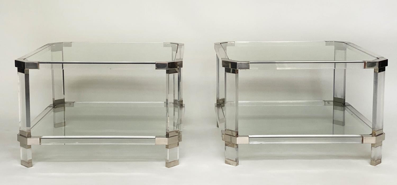 SIDE TABLES, a pair, 1970's lucite and glass, polished metal detail, 45cmx 45cm x 40cm H. (2) - Image 7 of 7