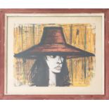AFTER BERNARD BUFFET, woman in hat, lithograph in colour, 54cmx 67cm.