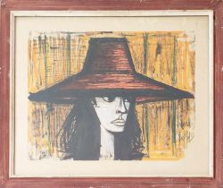 AFTER BERNARD BUFFET, woman in hat, lithograph in colour, 54cmx 67cm.