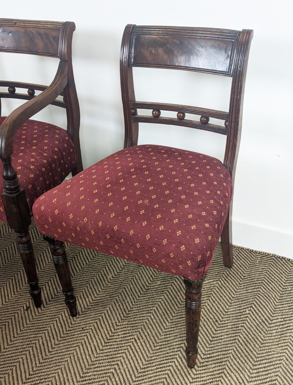 DINING CHAIRS, a set of six, Regency mahogany including two armchairs with burgundy patterned - Image 5 of 8