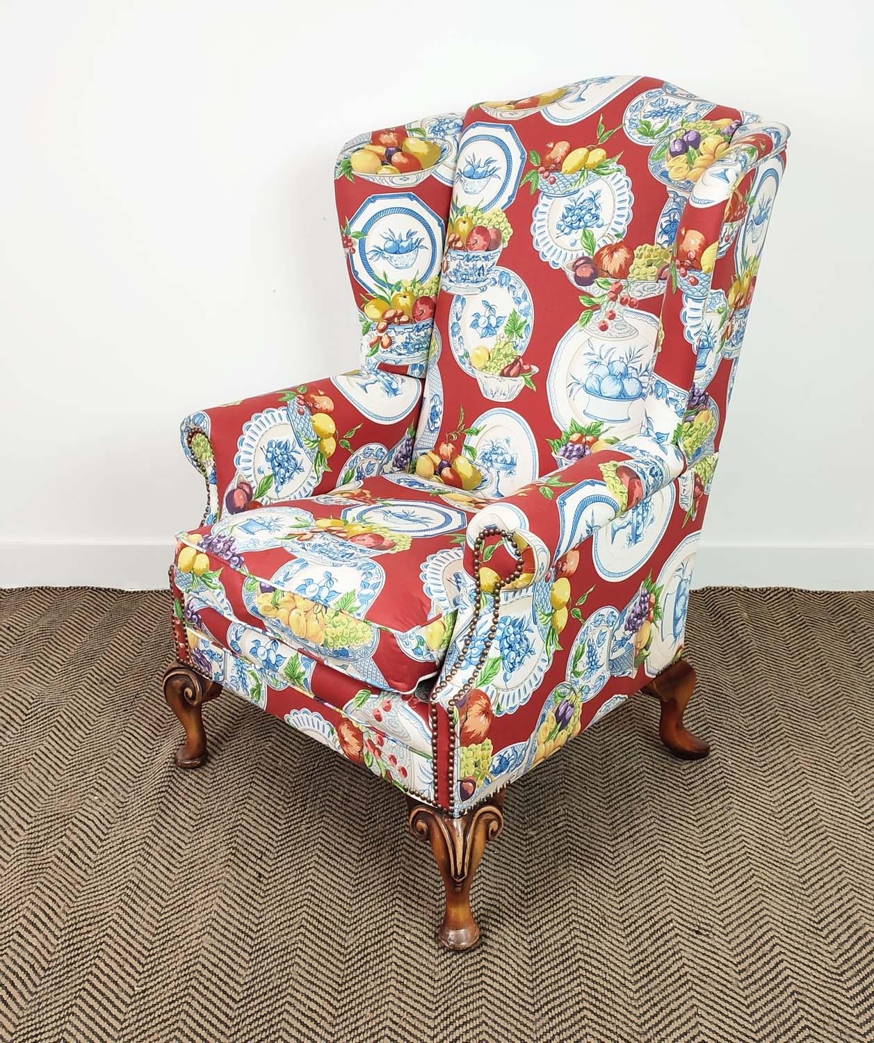 WING ARMCHAIR, Queen Anne style in Jane Churchill fruit bowl patterned fabric, 117cm H x 82cm.