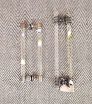DOOR HANDLES, two pairs of differing designs, French Art Deco cast glass style, one pair 55cm H, the