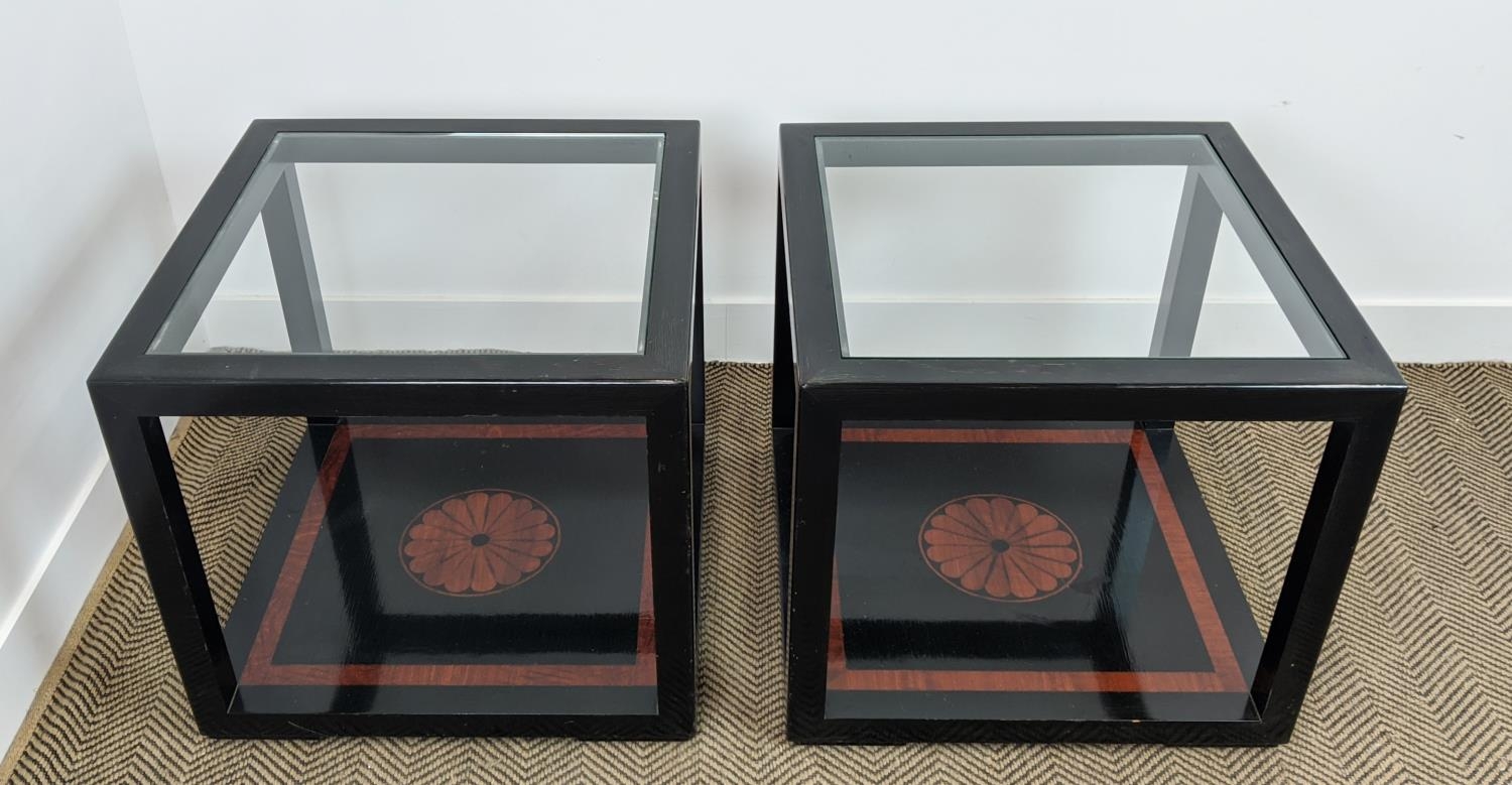 LAMP TABLES, a pair, black lacquer and inlaid with inset square glass tops, 55cm H x 60cm W. - Bild 5 aus 16
