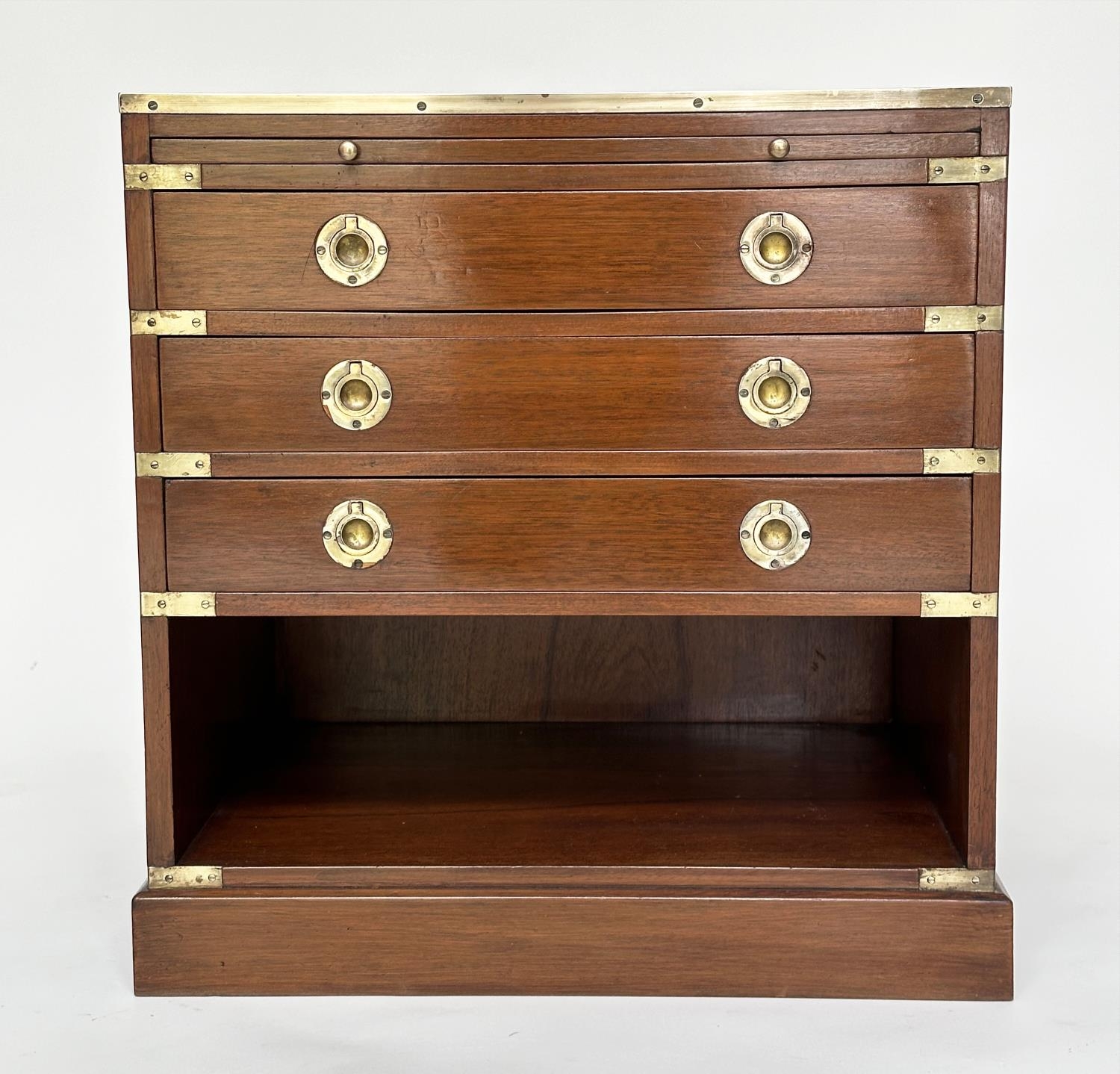 CAMPAIGN STYLE CHESTS, a pair, mahogany and brass bound with tooled leather and three drawers, - Image 9 of 20