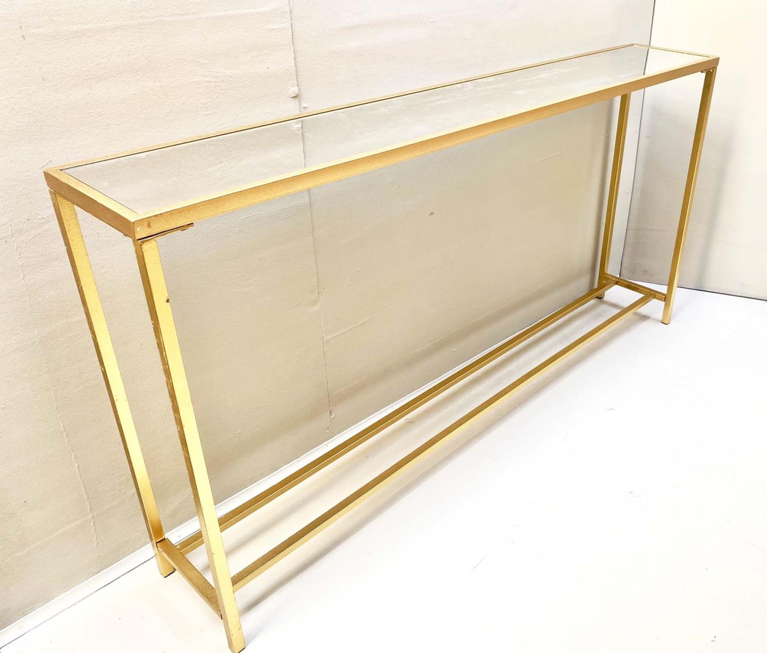 CONSOLE TABLE, 79cm high x 152cm wide x 25cm deep, mirrored glass top, gilt metal frame.