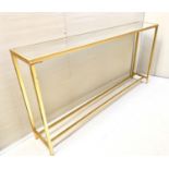 CONSOLE TABLE, 79cm high x 152cm wide x 25cm deep, mirrored glass top, gilt metal frame.