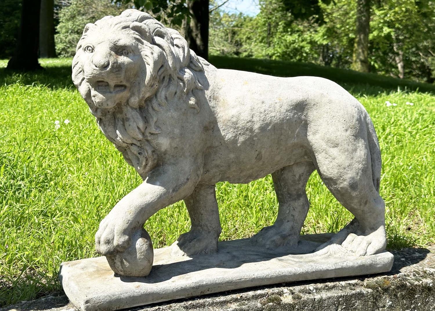 GARDEN LIONS, a pair, weathered reconstituted stone, 58cm H x 70cm W. (2) - Image 5 of 14
