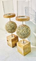 HURRICANE LANTERNS, a pair, seashells decoration, to middle section and square wooden bases, 45cm