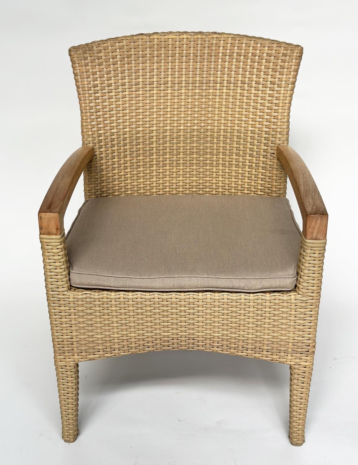 TERRACE/GARDEN ARMCHAIRS BY GLOSTER, a pair, all weather rattan woven and teak framed with cushions, - Image 2 of 11