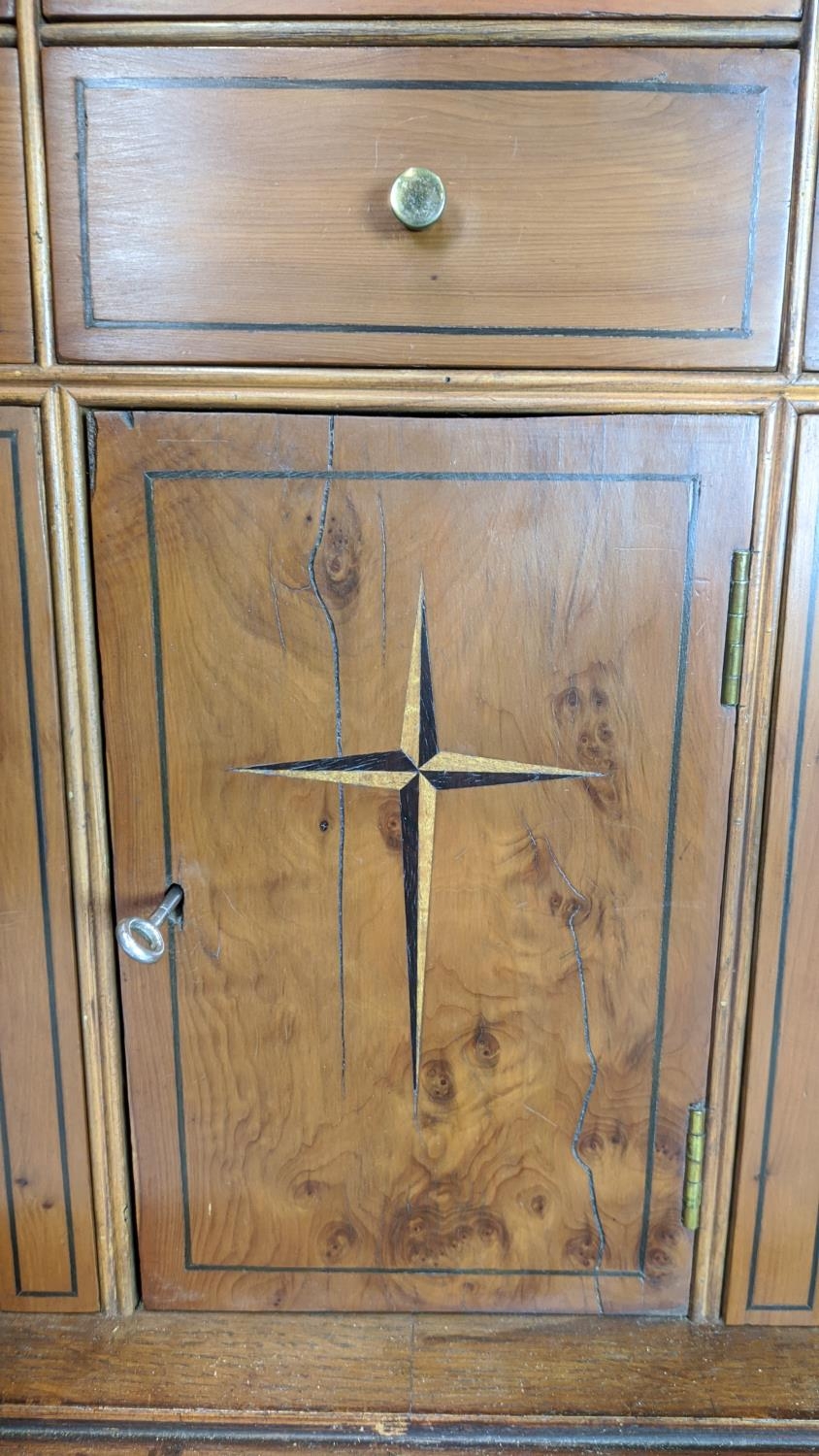 BUREAU CABINET, George II style yewwood and stellar inlaid with three finials over panelled doors - Bild 14 aus 22