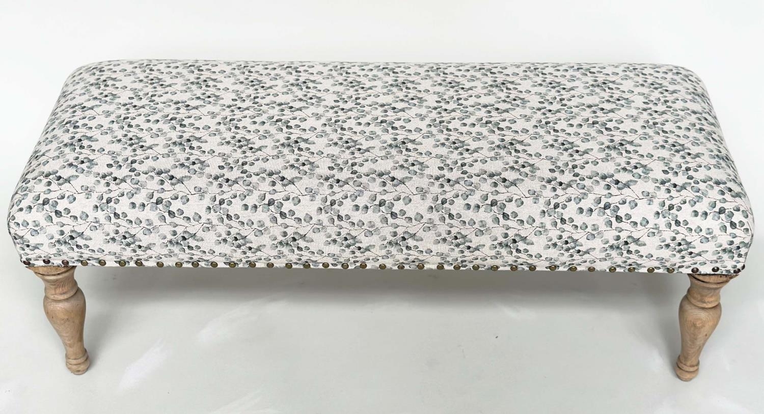 WINDOW SEAT, rectangular with close nailed eucalytus printed cotton upholstery and turned