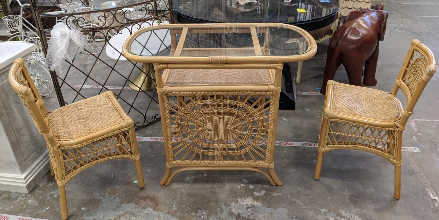 TERRACE SET, wicker table with glass top, 80cm H x 100cm x 55cm and a pair of matching chairs. (3) - Image 4 of 10