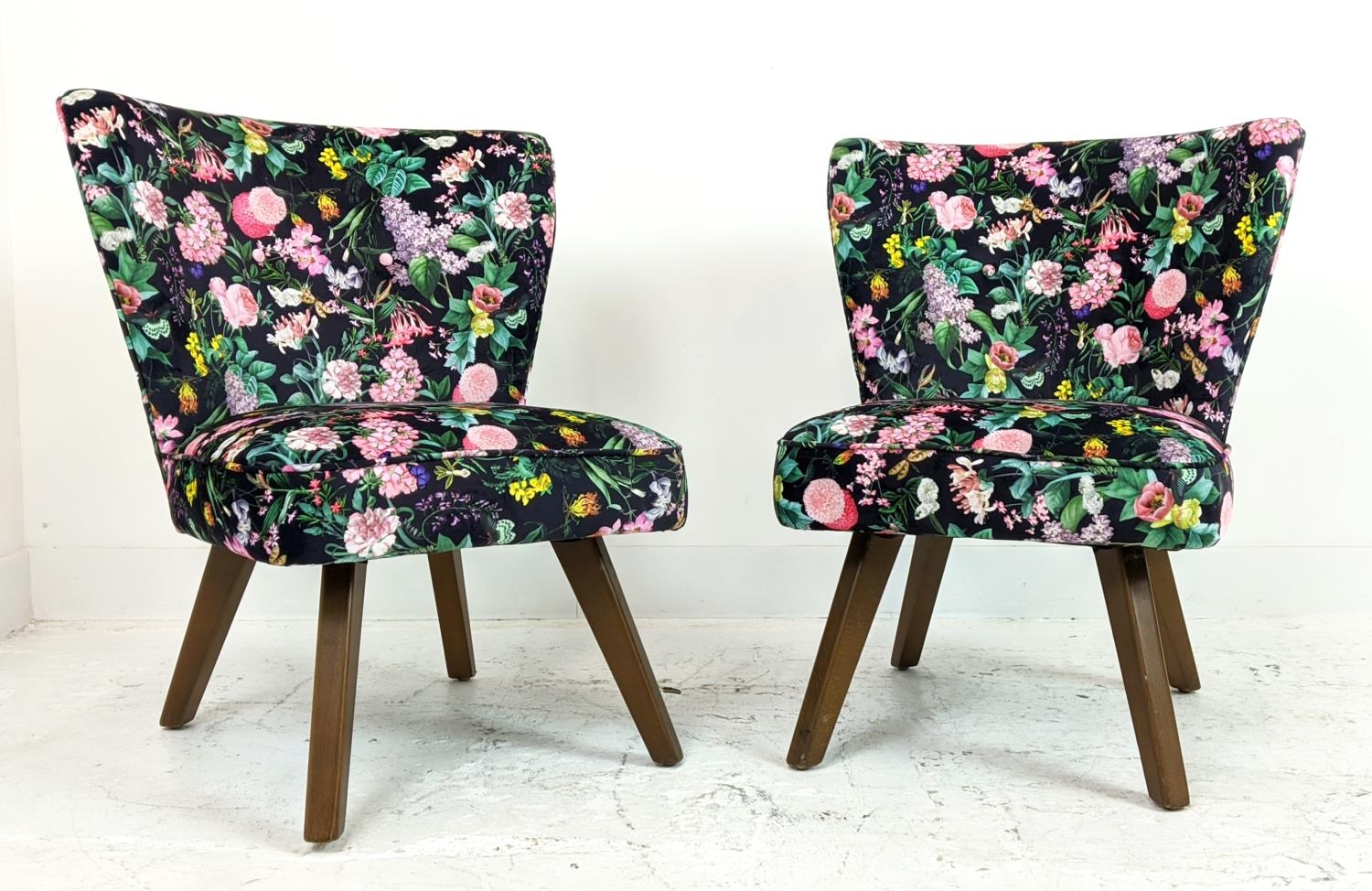 COCKTAIL CHAIRS, a pair, newly upholstered in flower and butterfly patterned velvet, 74cm H x 66cm W - Image 6 of 16