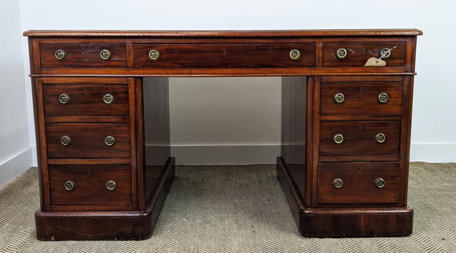 PEDESTAL DESK, Victorian mahogany with a tooled inlaid green leather top over nine drawers, 140cm - Bild 5 aus 18