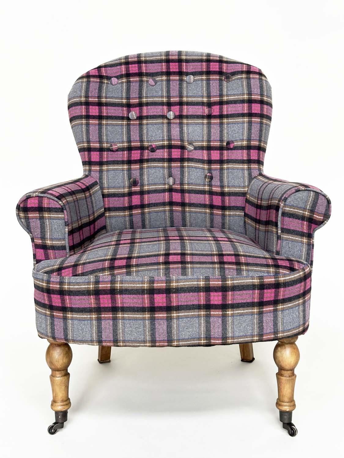 ARMCHAIR, Victorian style plaid upholstered with scroll arms, button back and turned supports,