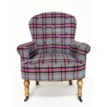 ARMCHAIR, Victorian style plaid upholstered with scroll arms, button back and turned supports,