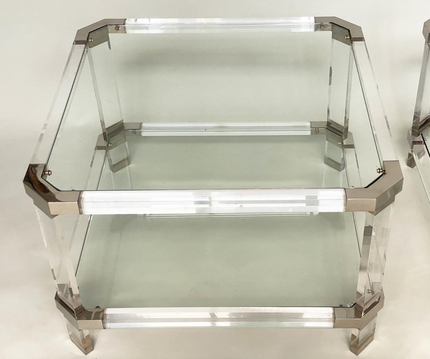 SIDE TABLES, a pair, 1970's lucite and glass, polished metal detail, 45cmx 45cm x 40cm H. (2) - Image 4 of 7