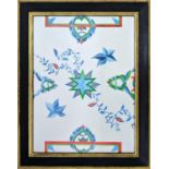 WATERCOLOURS, a set of three, inspired by Persian ceramics in black and gilt frames, largest 77cm