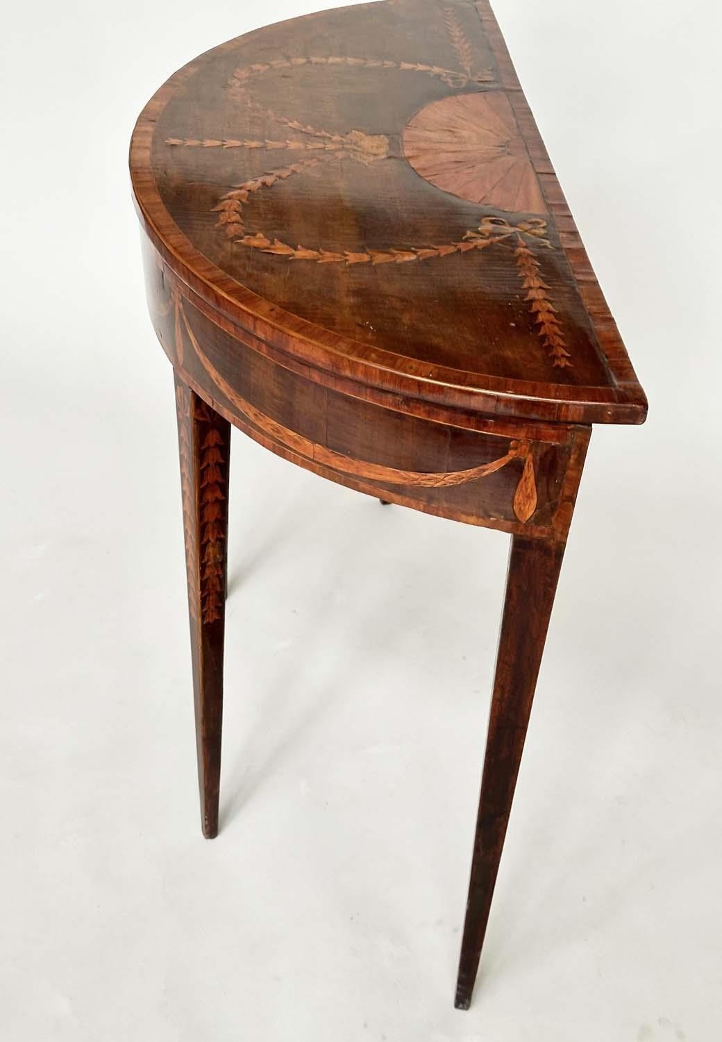 DEMI LUNE SIDE TABLE, George III, probably Irish, fiddle back mahogany and satinwood marquetry - Image 9 of 16