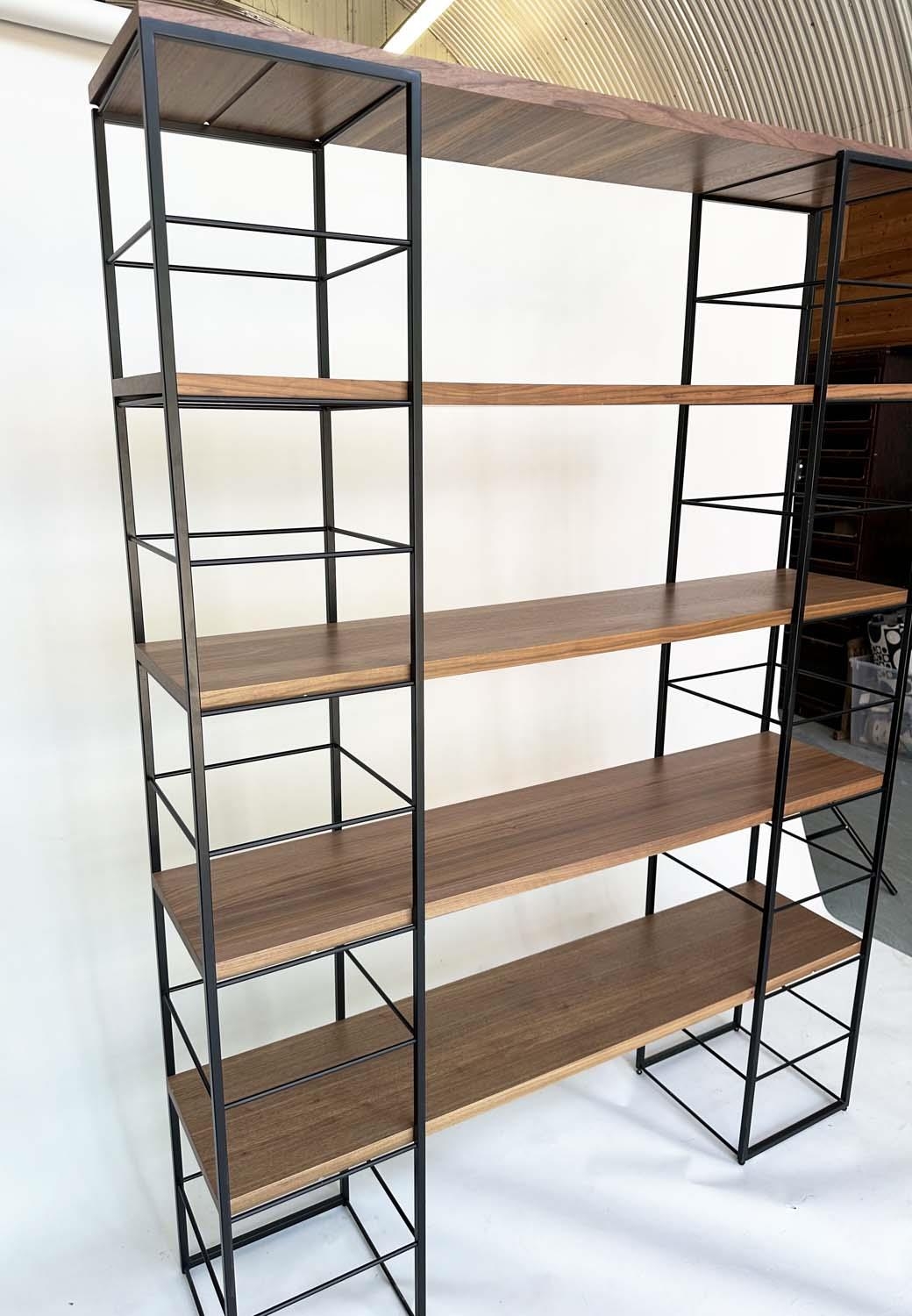 SHELVING RACK BY 'HEALS', comprising two metal towers with five walnut shelves, 150cm W x 32cm D x - Image 6 of 6