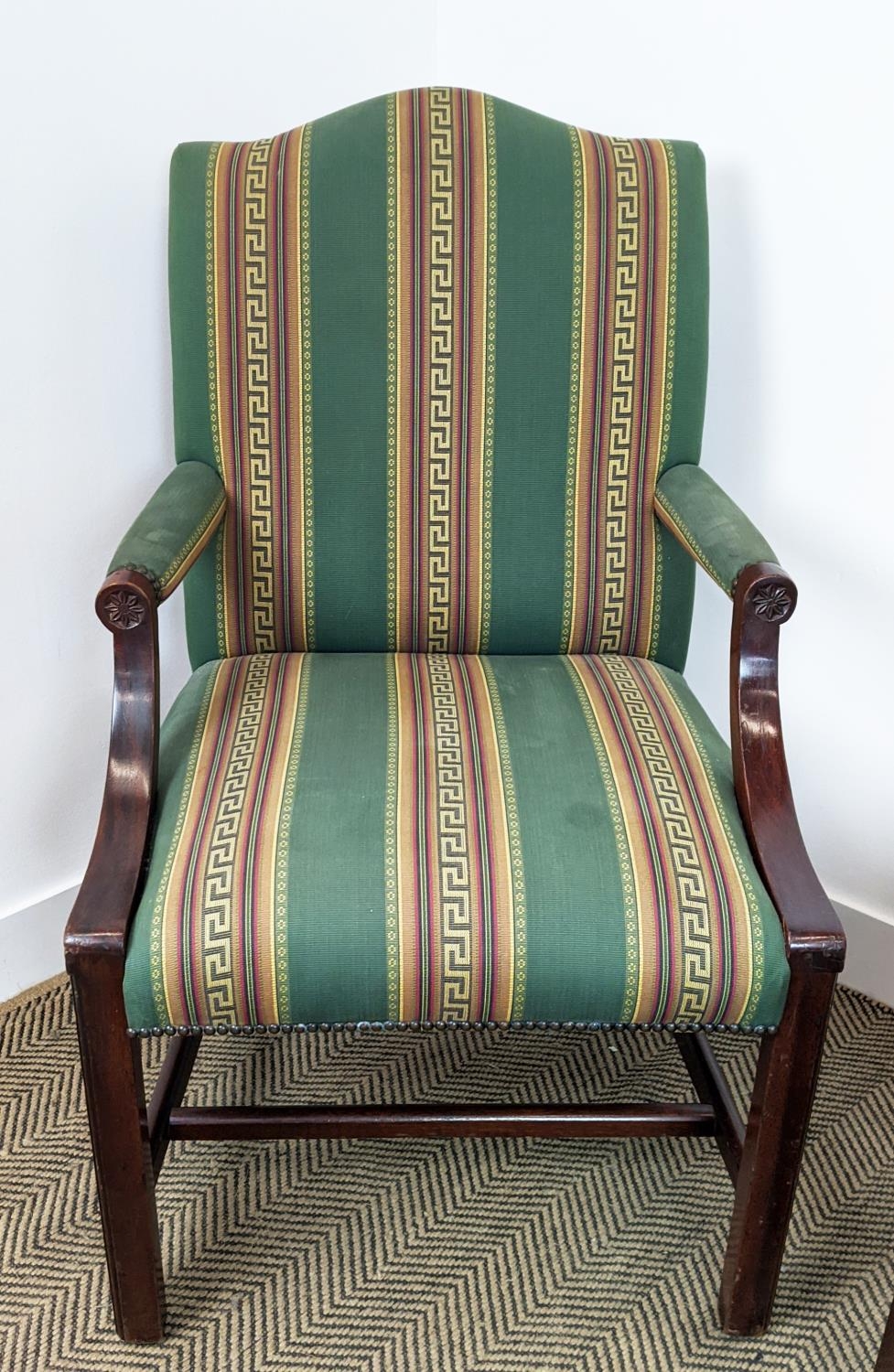GAINSBOROUGH STYLE ARMCHAIRS, a pair, mahogany in green Greek key striped fabric, 102cm H x 63cm. ( - Image 8 of 18